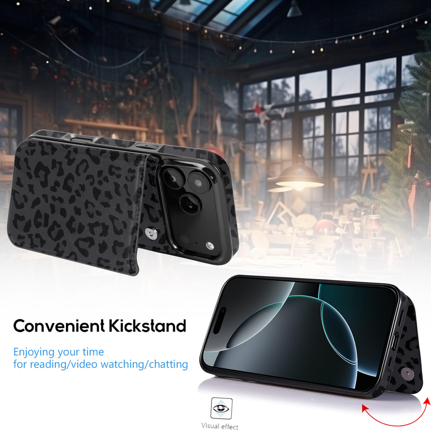Black Leopard Flip Wallet Case for iPhone 17–14 – Card Holder & Kickstand – product image 9