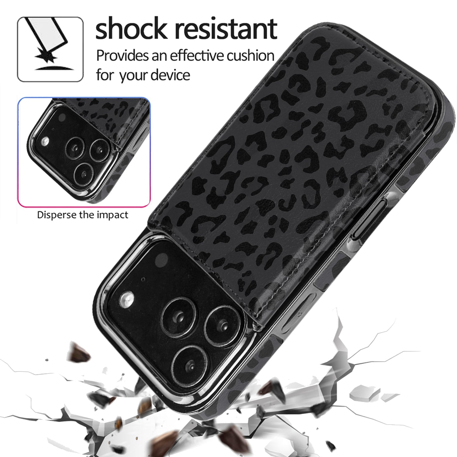 Black Leopard Flip Wallet Case for iPhone 17–14 – Card Holder & Kickstand – product image 10