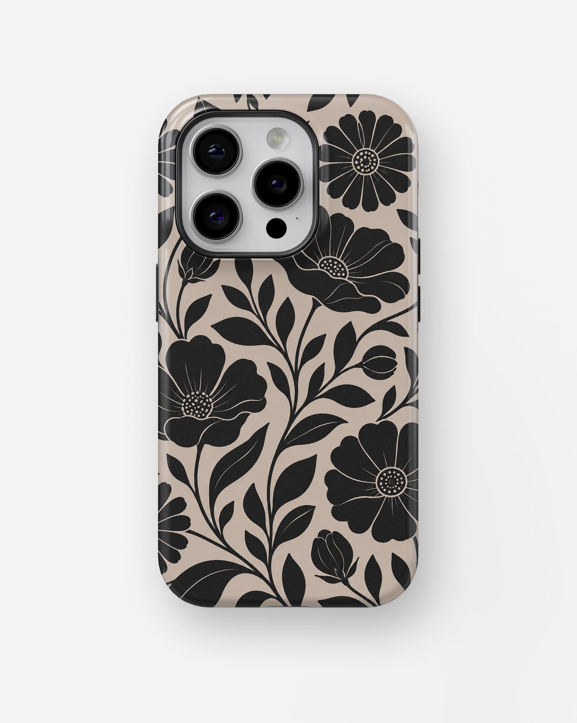 Black botanical floral MagSafe tough case for iPhone Pro models