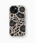 Black botanical floral MagSafe tough case for iPhone standard and Plus models