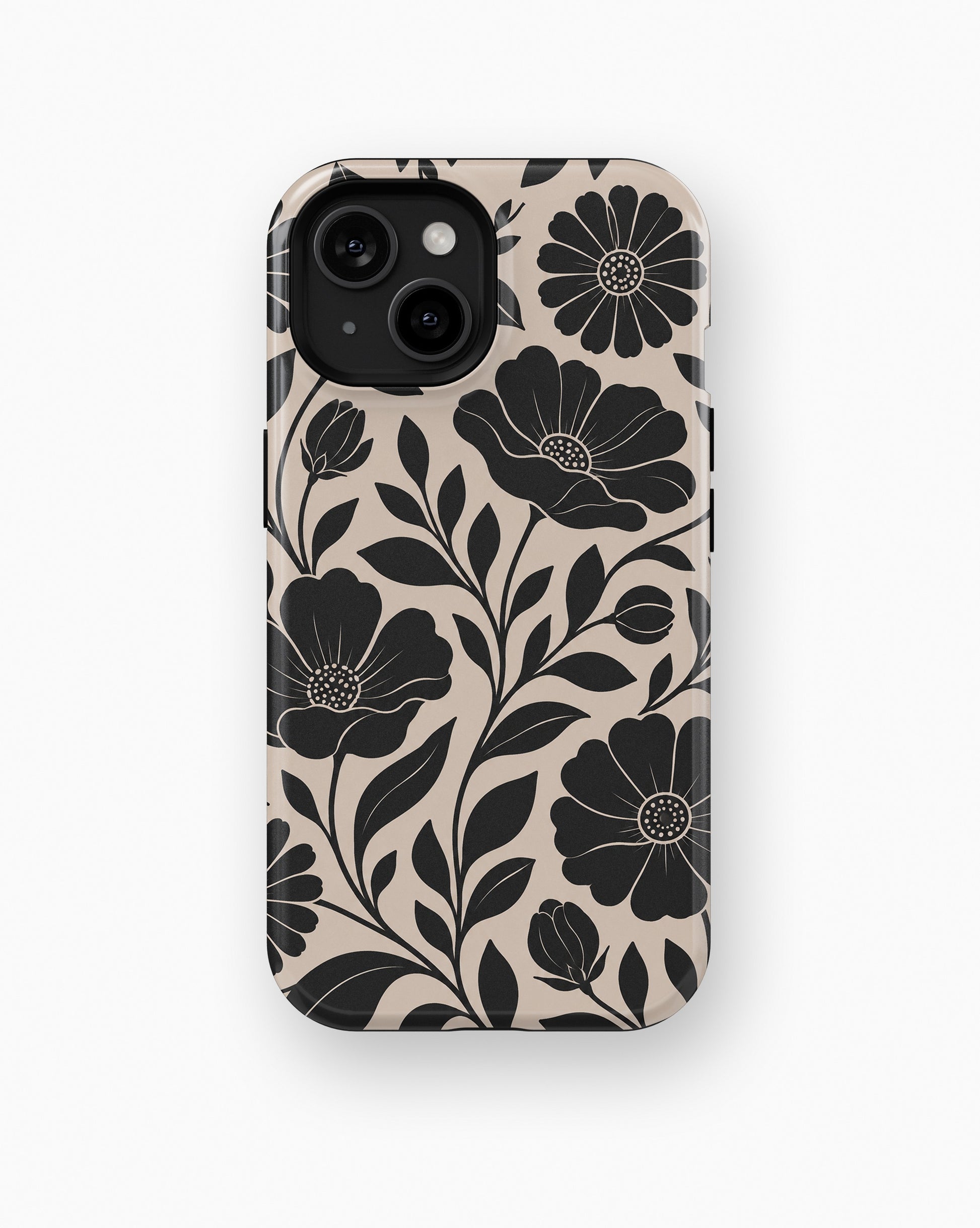 Black botanical floral MagSafe tough case for iPhone standard and Plus models