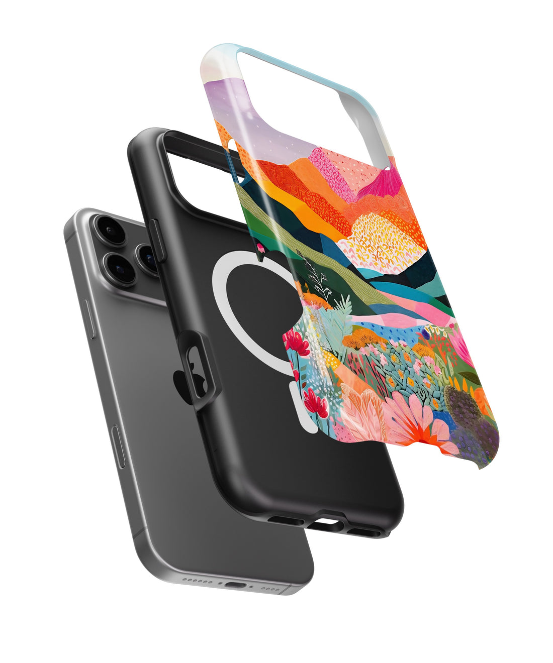 Colorful Mountain Garden MagSafe iPhone Tough Case side and MagSafe exploded view