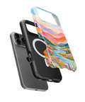 Pastel Mountain Lake Floral MagSafe iPhone Tough Case side and MagSafe exploded view