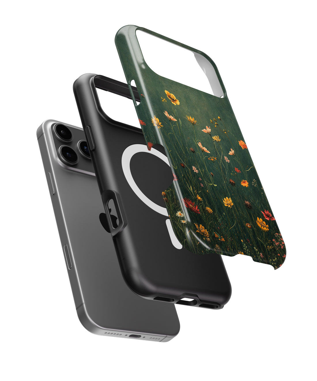 Dark Meadow Wildflower MagSafe iPhone Tough Case side and MagSafe exploded view