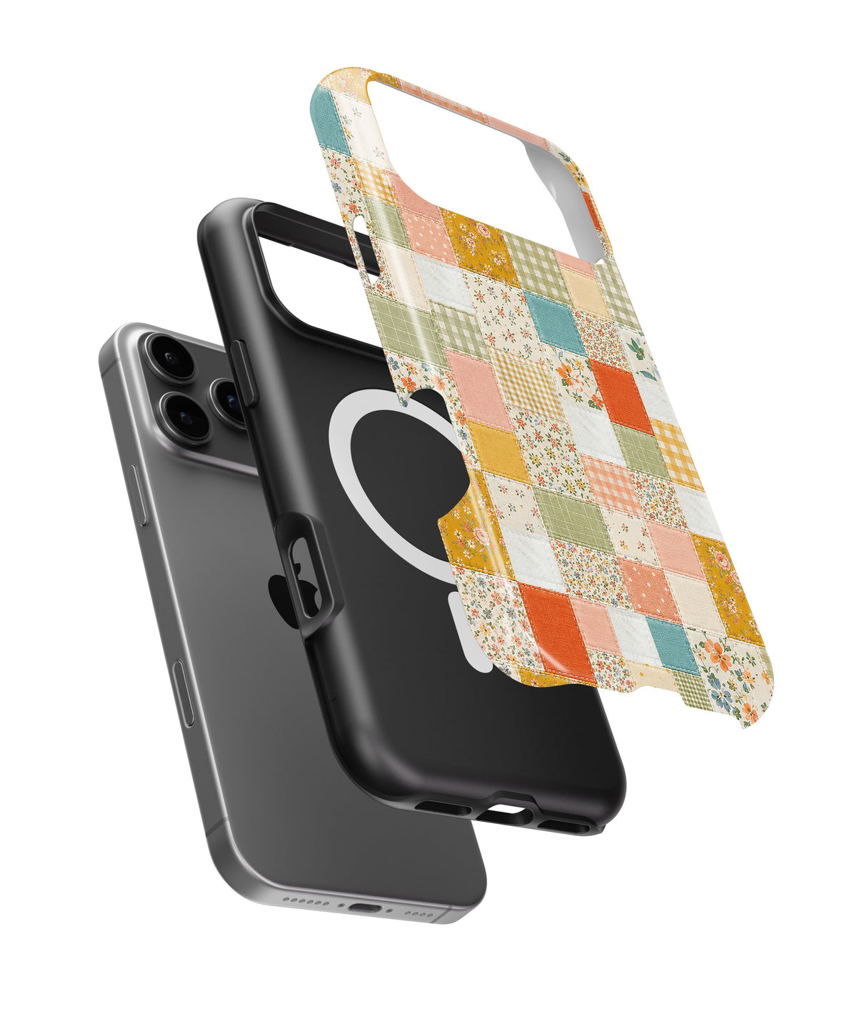 Vintage Patchwork Quilt MagSafe iPhone Tough Case side and MagSafe exploded view