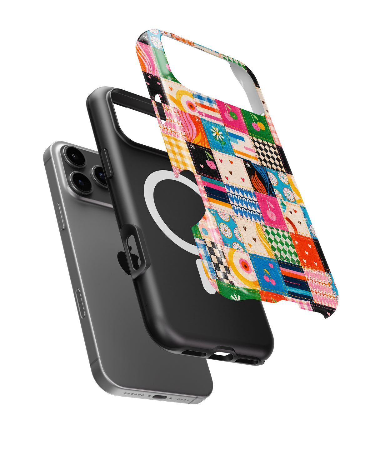 Colorful Patchwork Quilt MagSafe iPhone Tough Case side and MagSafe exploded view