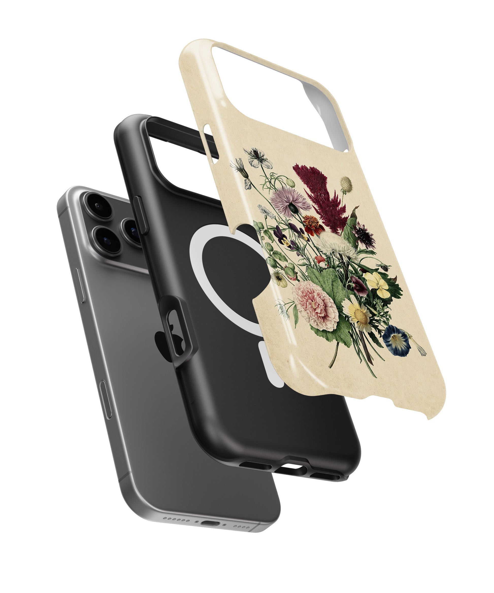 Vintage Floral Bouquet MagSafe iPhone Tough Case side and MagSafe exploded view
