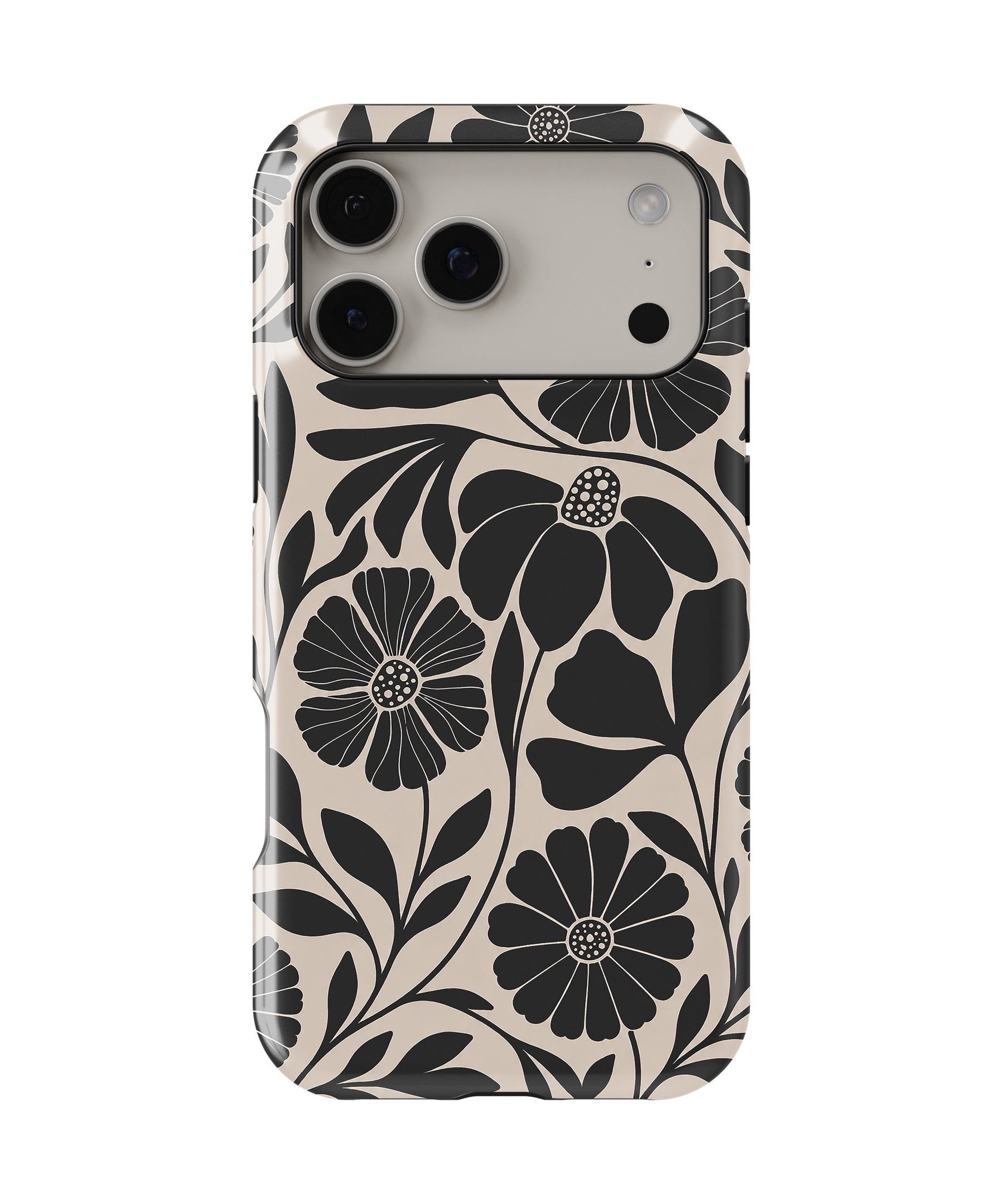 Black Cream Retro Floral MagSafe iPhone Tough Case – Custom Name Option