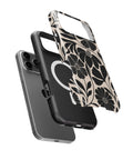 Black Cream Retro Floral MagSafe iPhone Tough Case side and MagSafe exploded view