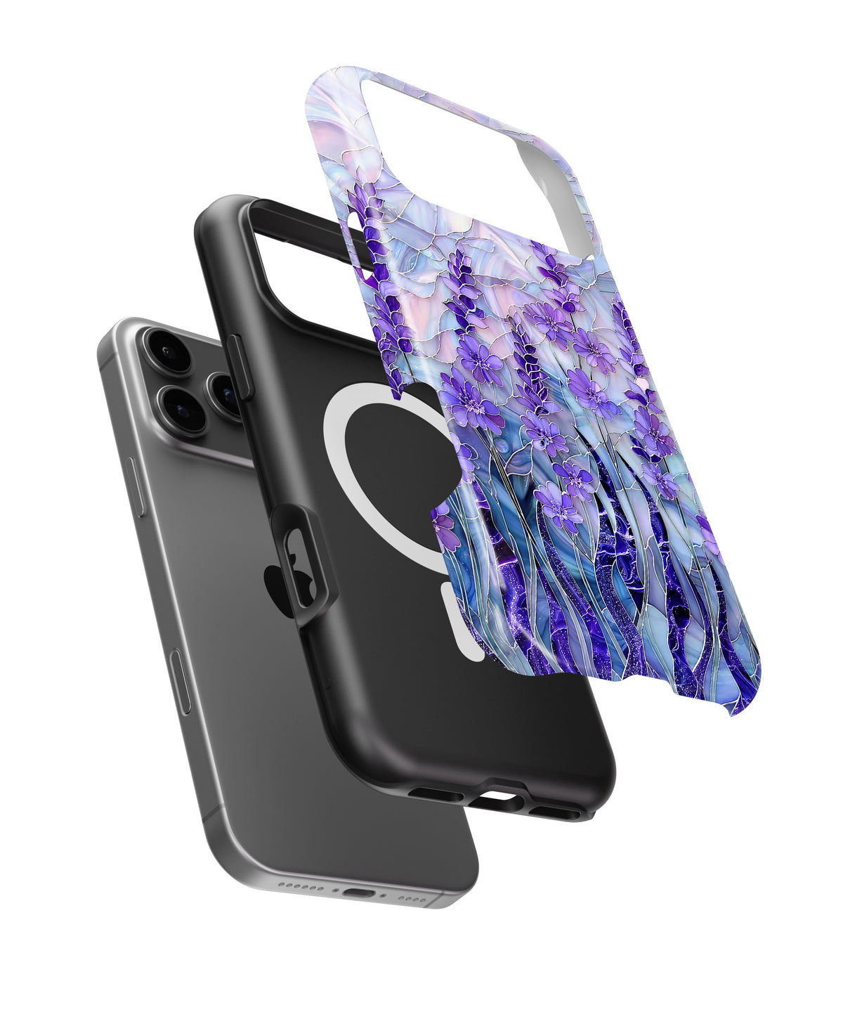 Purple Iris Watercolor MagSafe iPhone Tough Case side and MagSafe exploded view