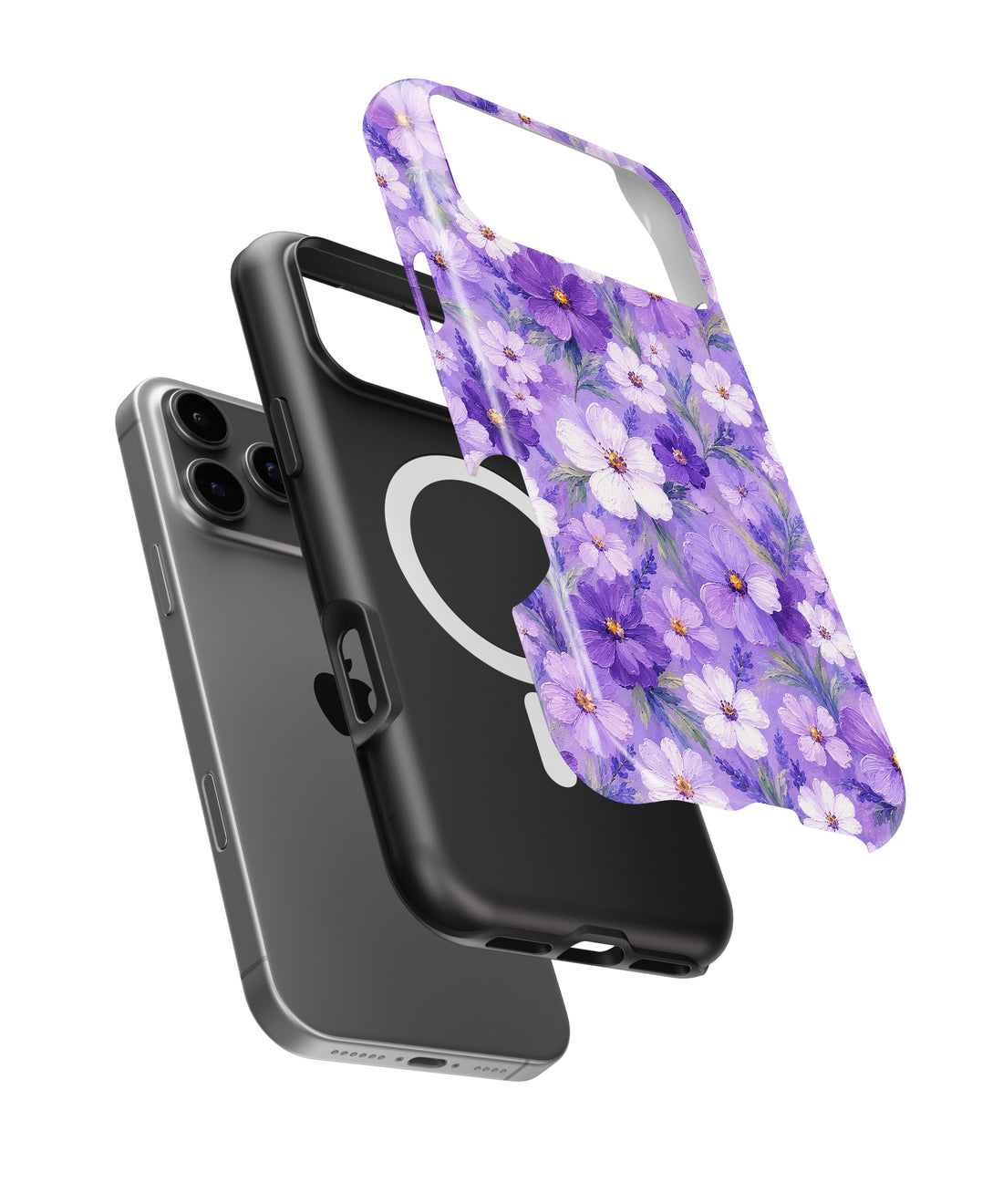 Lavender Daisy Floral MagSafe iPhone Tough Case side and MagSafe exploded view