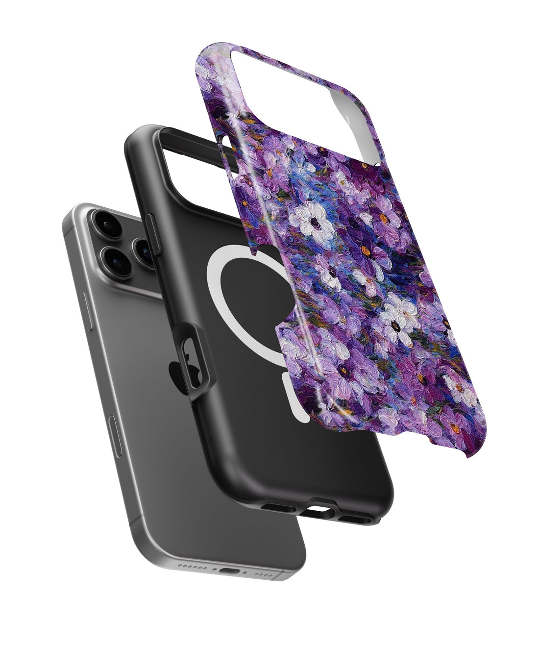 Purple Garden Floral MagSafe iPhone Tough Case side and MagSafe exploded view