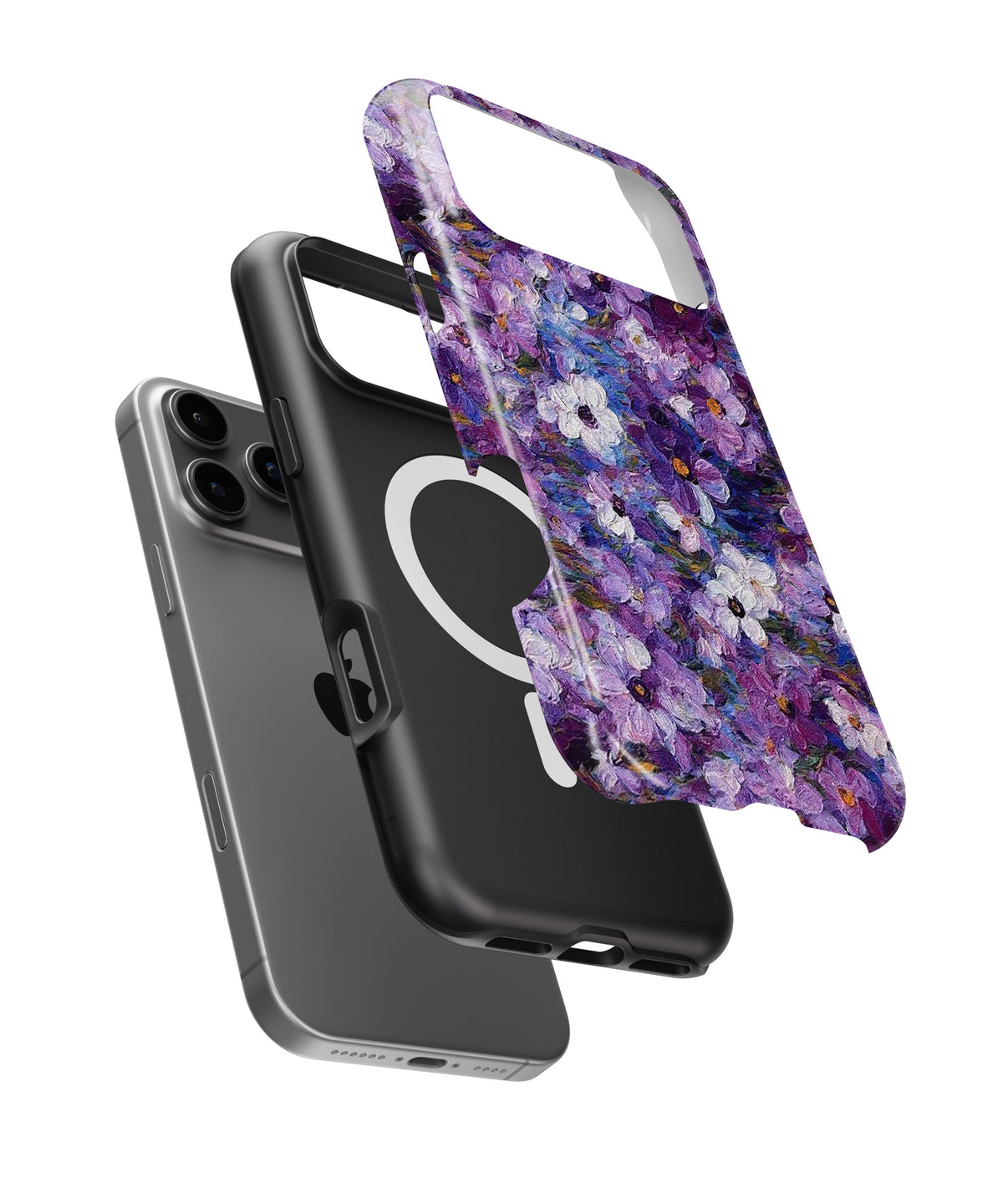 Purple Garden Floral MagSafe iPhone Tough Case side and MagSafe exploded view