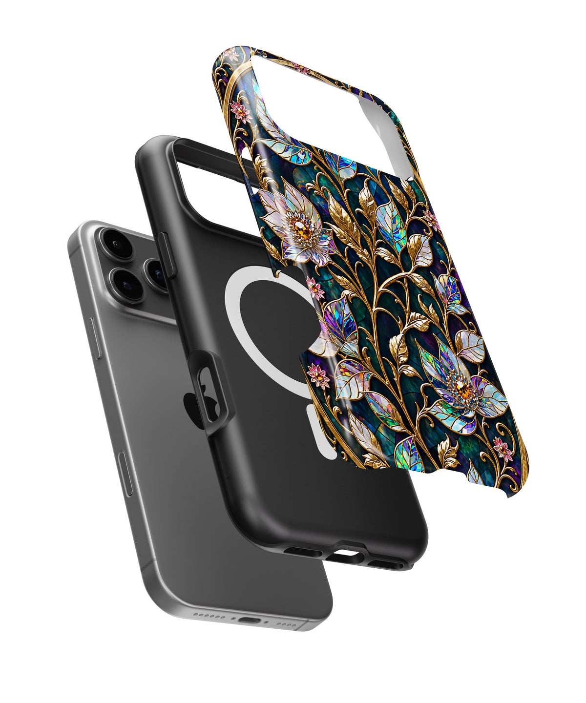 Stained Glass Floral Vine MagSafe iPhone Tough Case side and MagSafe exploded view