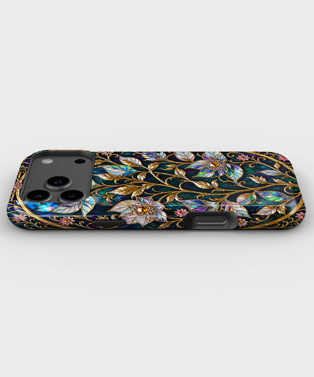 Stained Glass Floral Vine MagSafe iPhone Tough Case low angle lifestyle product view