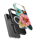 Bright Zinnia Floral MagSafe iPhone Tough Case side and MagSafe exploded view