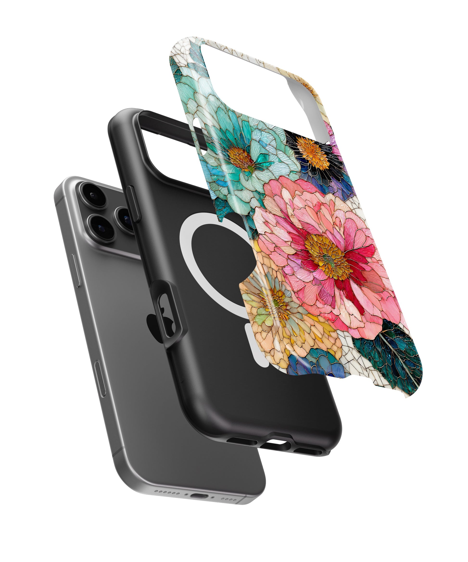 Bright Zinnia Floral MagSafe iPhone Tough Case side and MagSafe exploded view