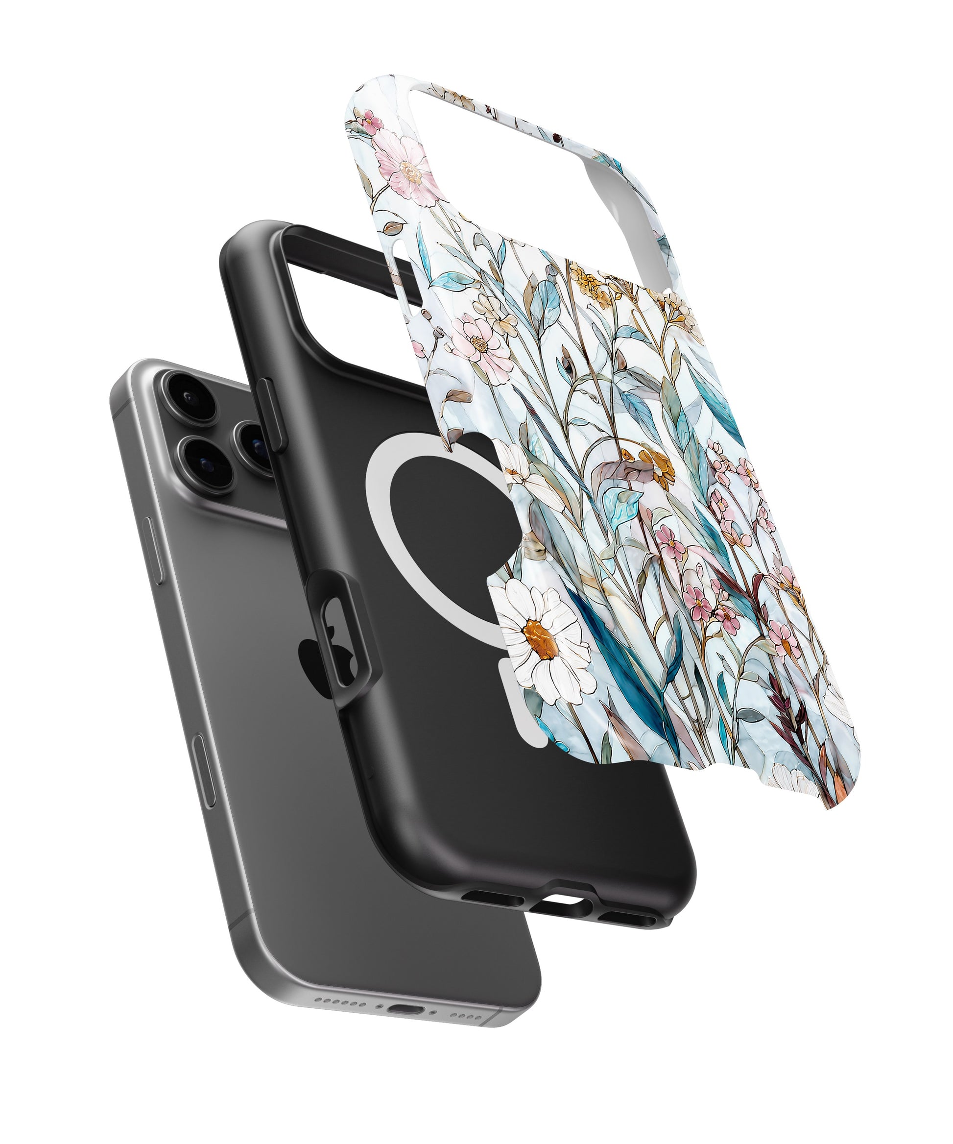 Blue Botanical Wildflower MagSafe iPhone Tough Case side and MagSafe exploded view