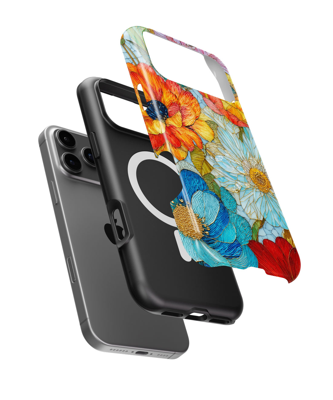 Vibrant Floral Garden MagSafe iPhone Tough Case side and MagSafe exploded view