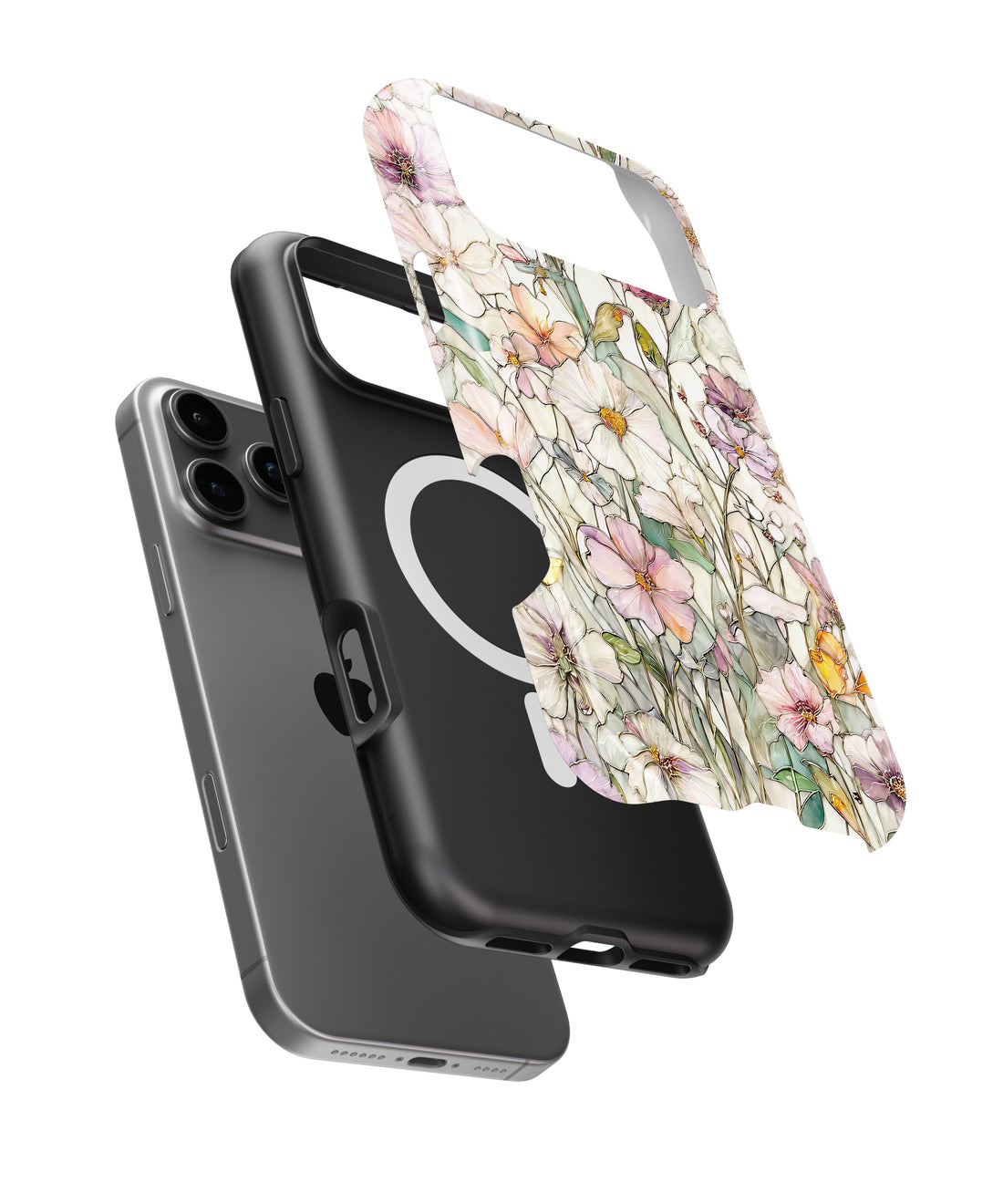 Soft Wildflower Meadow MagSafe iPhone Tough Case side and MagSafe exploded view