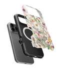 Soft Wildflower Meadow MagSafe iPhone Tough Case side and MagSafe exploded view