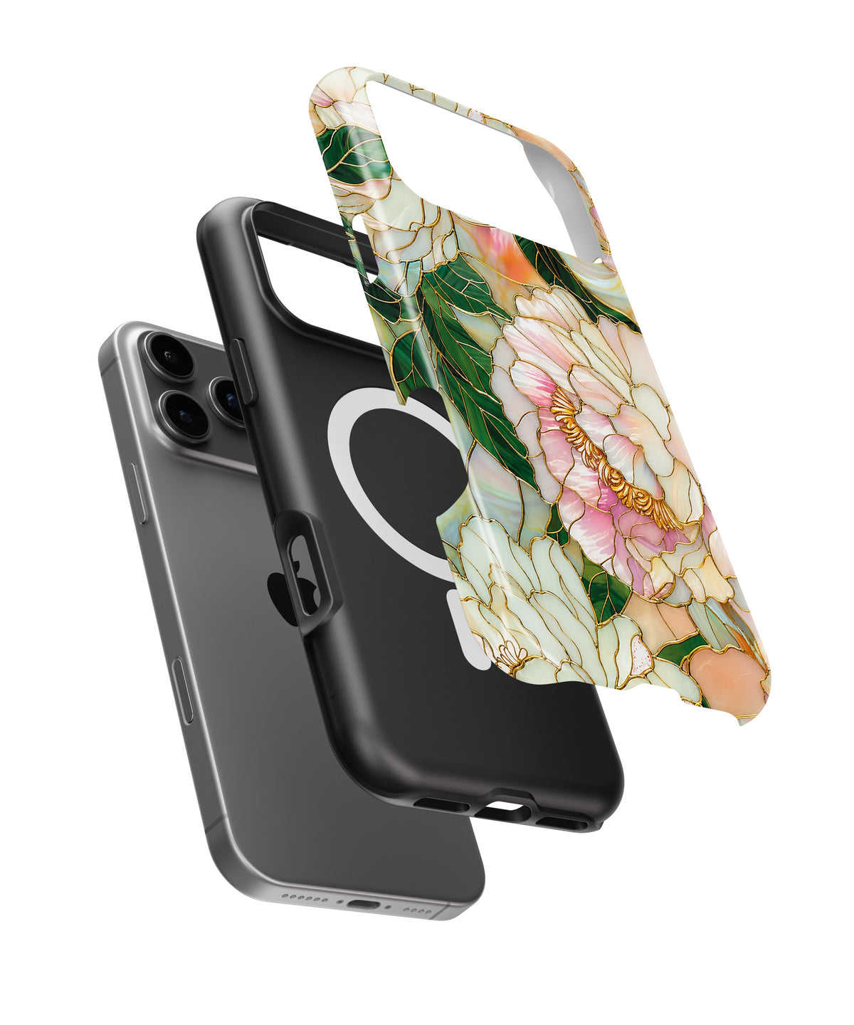 Soft Pink Peony Floral MagSafe iPhone Tough Case side and MagSafe exploded view