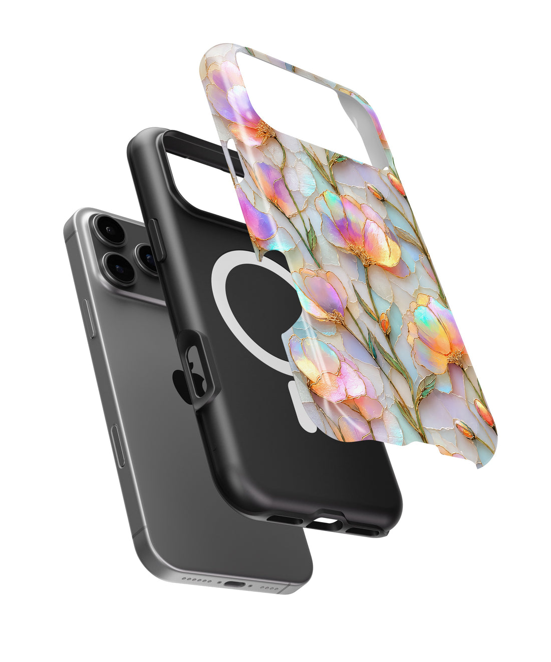 Iridescent Pastel Floral MagSafe iPhone Tough Case side and MagSafe exploded view