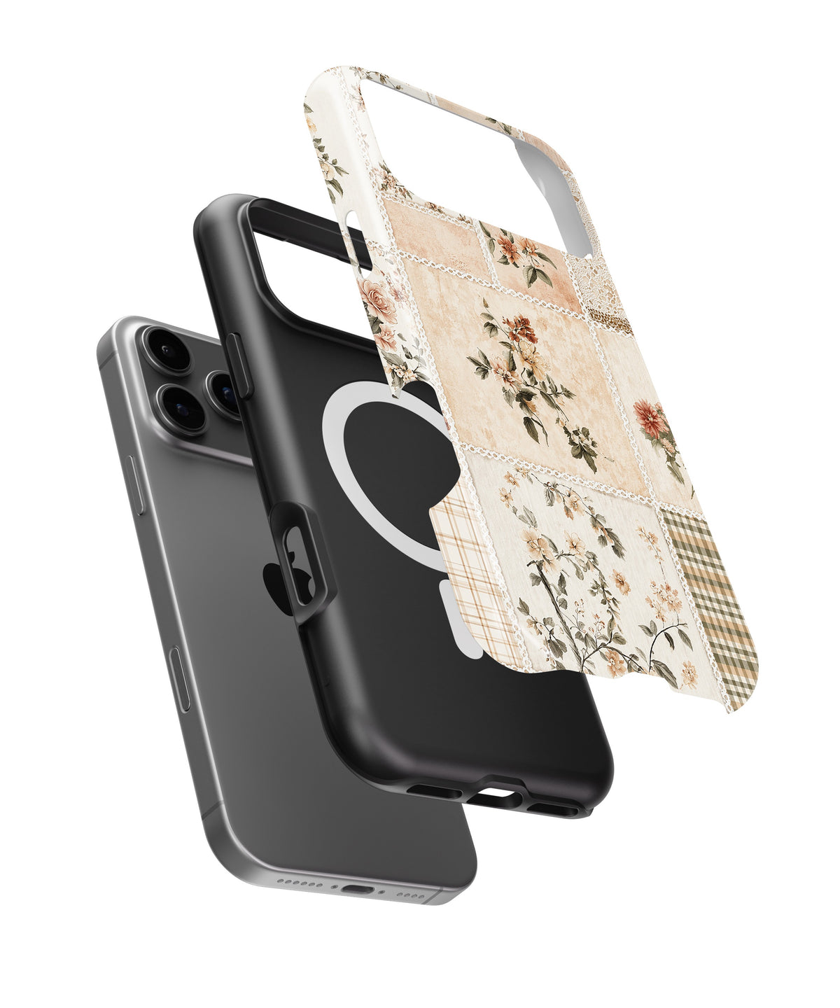 Vintage Floral Patchwork MagSafe iPhone Tough Case side and MagSafe exploded view