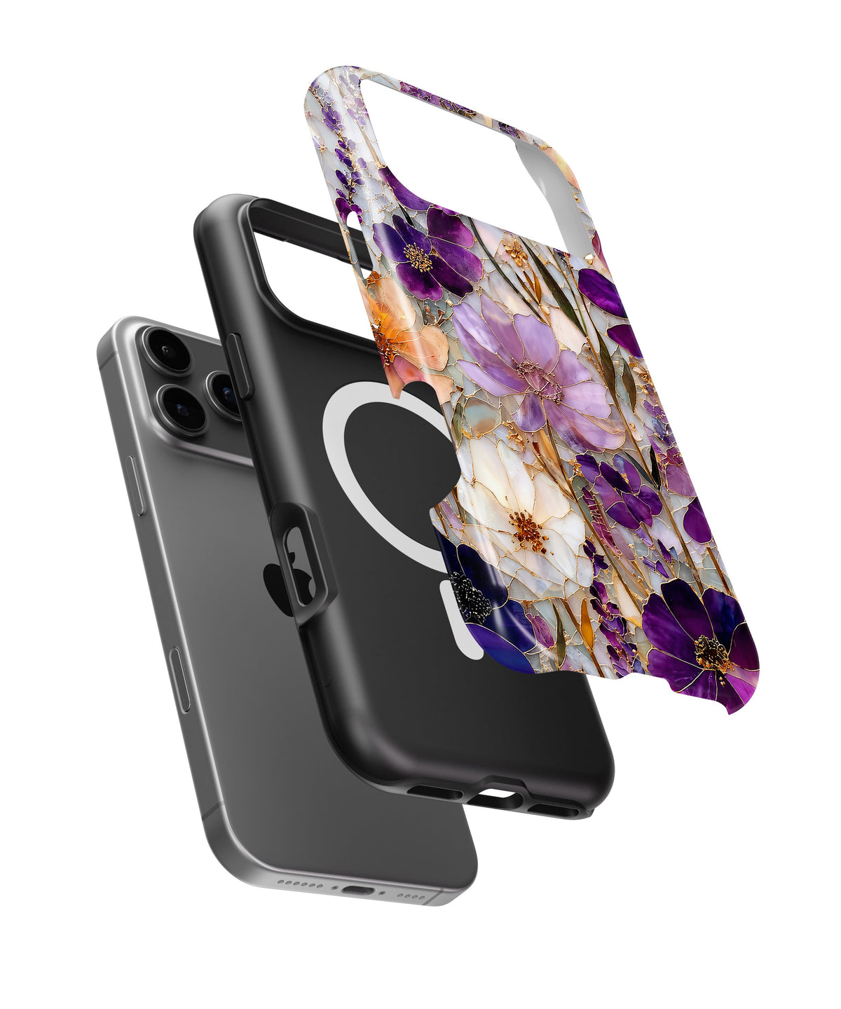 Purple Pressed Flower MagSafe iPhone Tough Case side and MagSafe exploded view