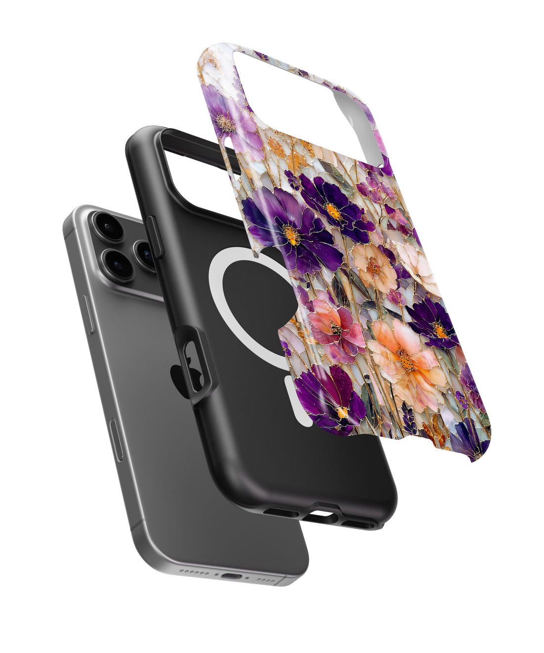 Purple Pansy Floral MagSafe iPhone Tough Case side and MagSafe exploded view