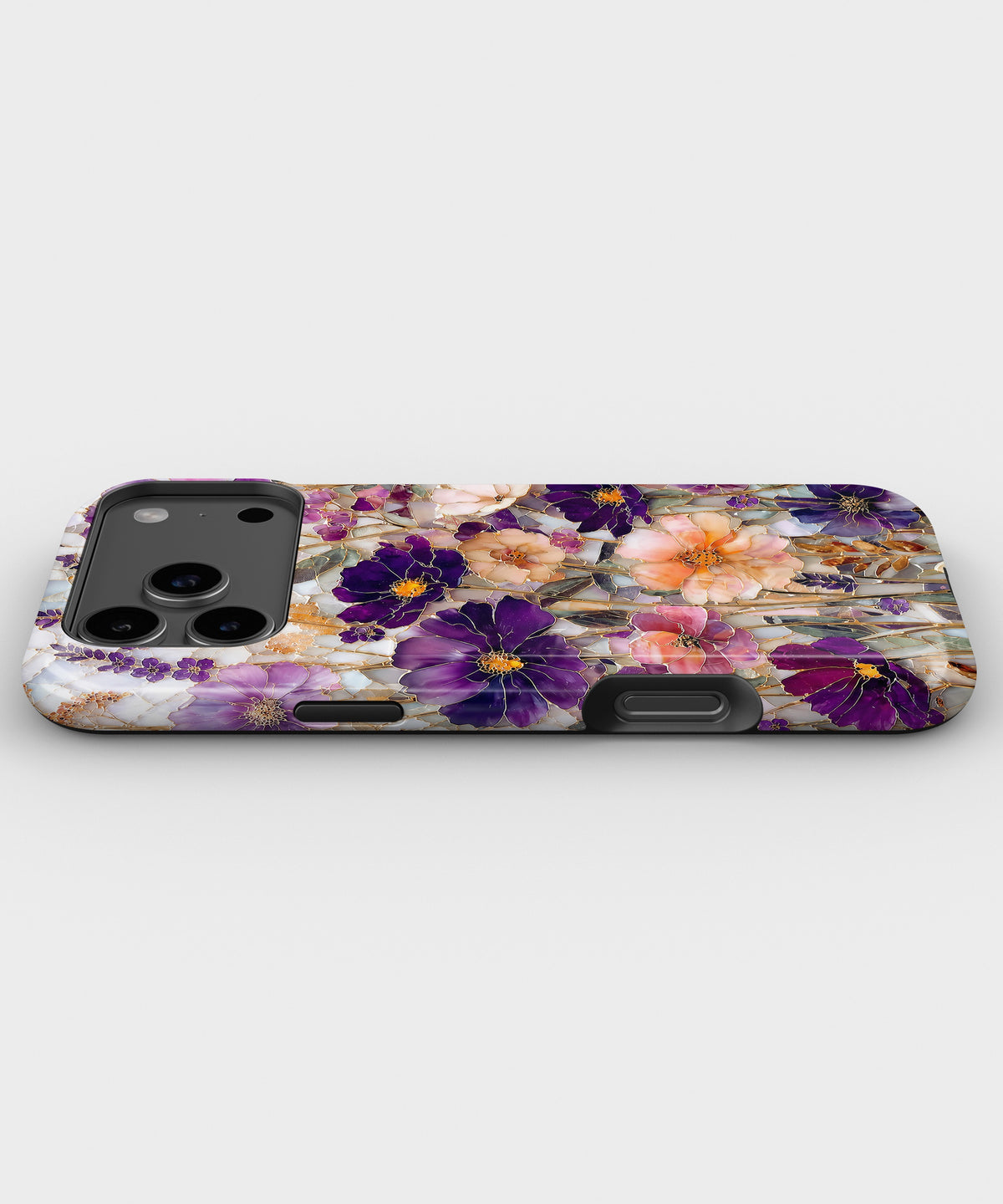 Purple Pansy Floral MagSafe iPhone Tough Case low angle lifestyle product view