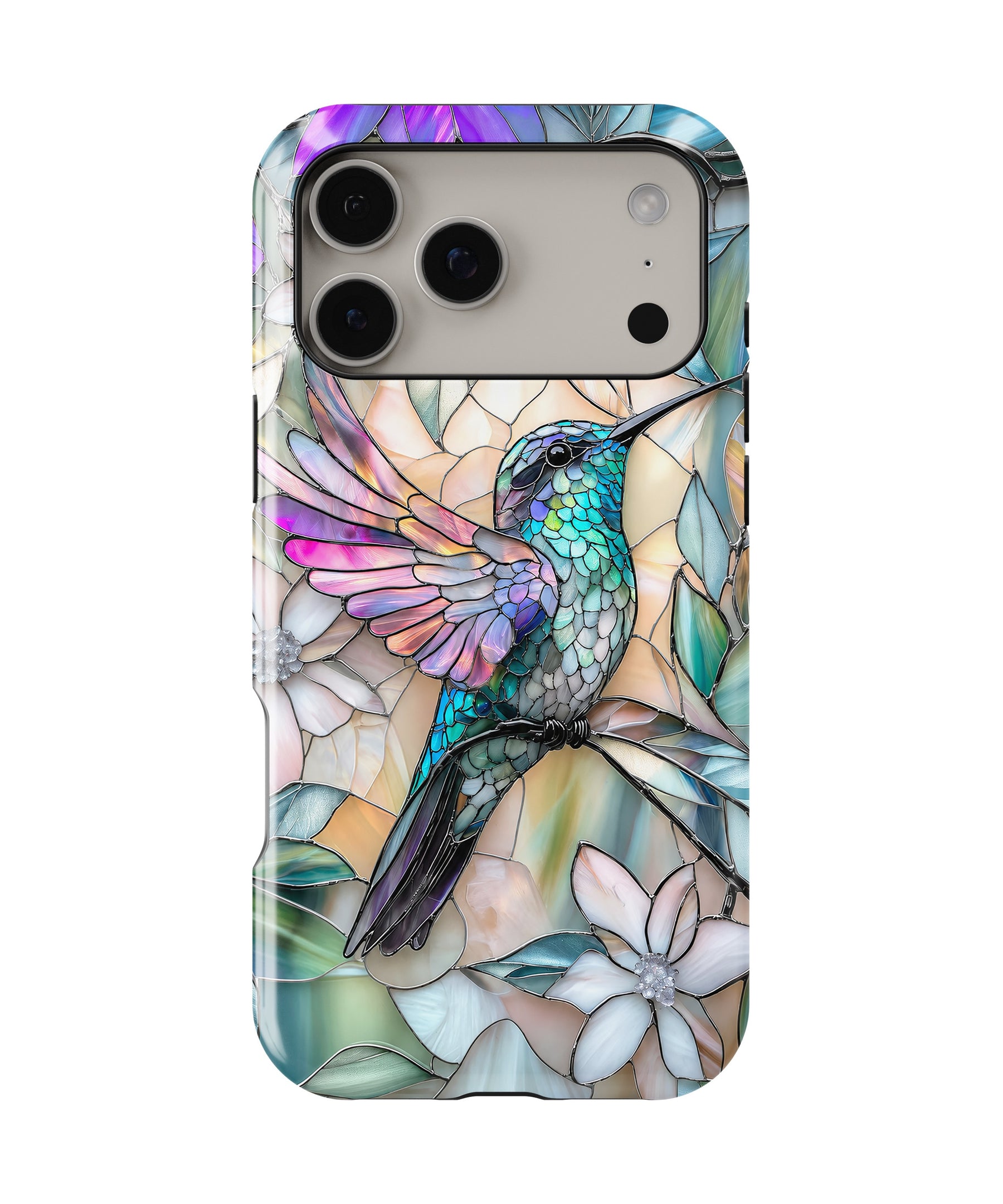 Stained Glass Hummingbird Floral MagSafe iPhone Tough Case – Custom Name Option