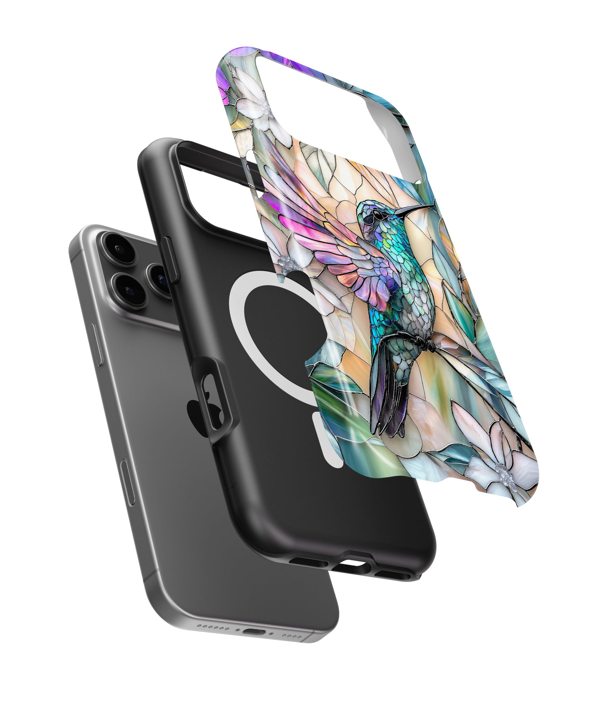 Stained Glass Hummingbird Floral MagSafe iPhone Tough Case side and MagSafe exploded view