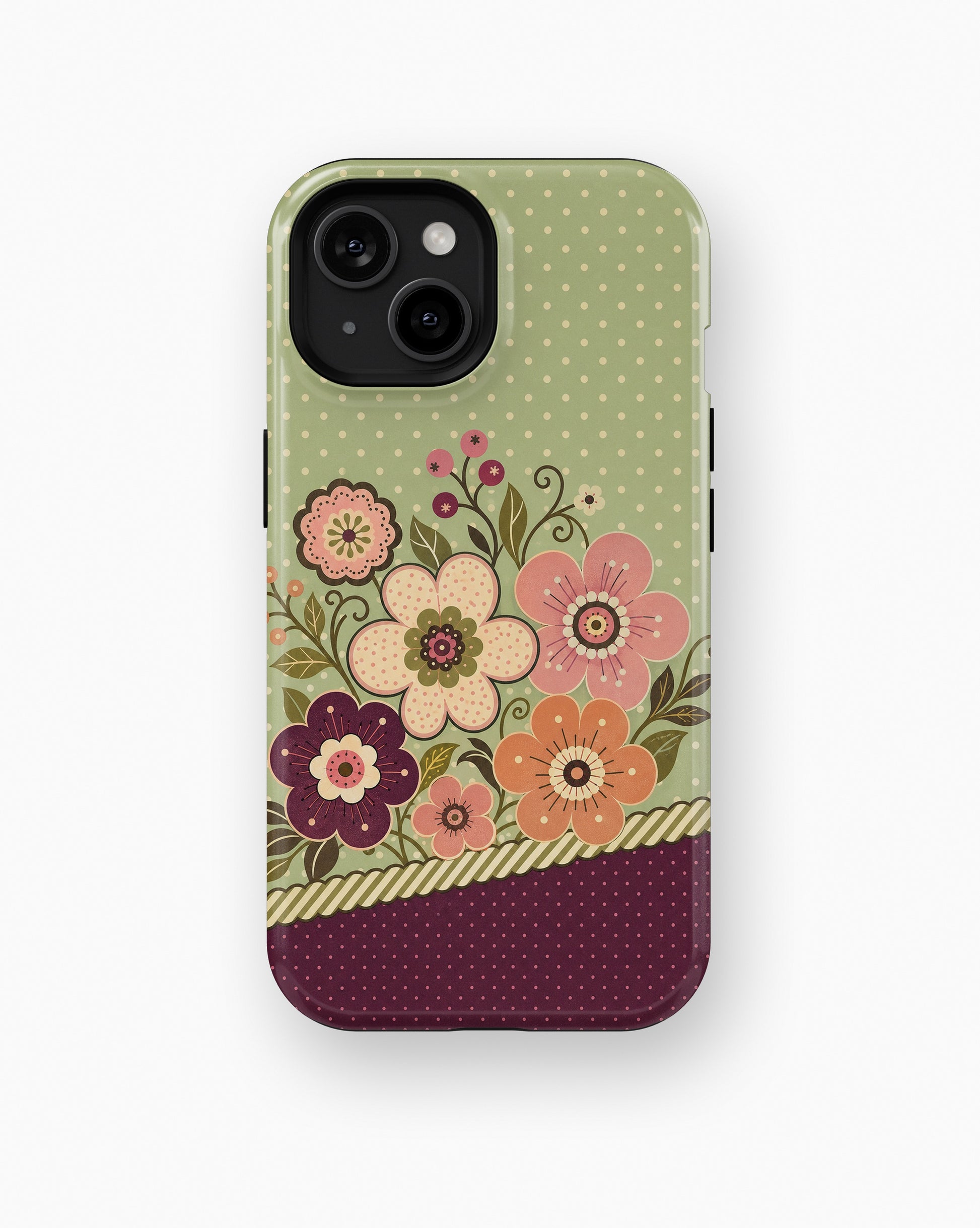 Sage green burgundy Y2K retro floral polka dot shockproof case for standard iPhone models