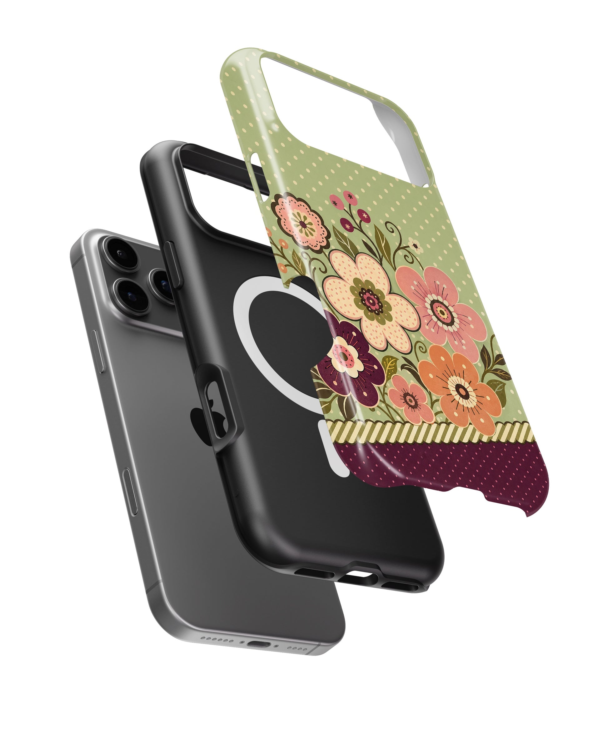Sage green burgundy Y2K retro floral polka dot iPhone case with built-in MagSafe magnetic ring