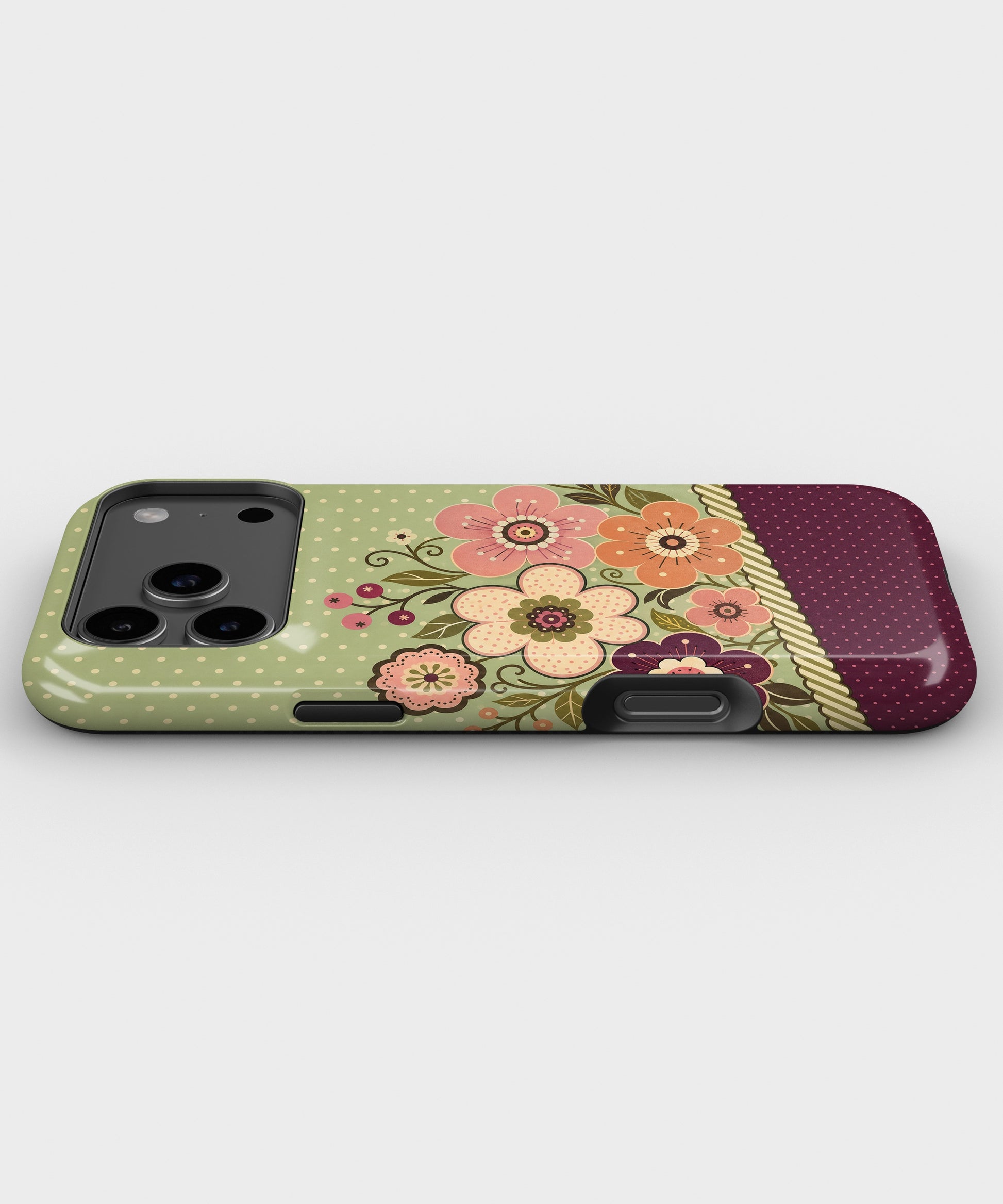 Sage green burgundy Y2K retro floral polka dot tough iPhone case with raised camera and edge protection