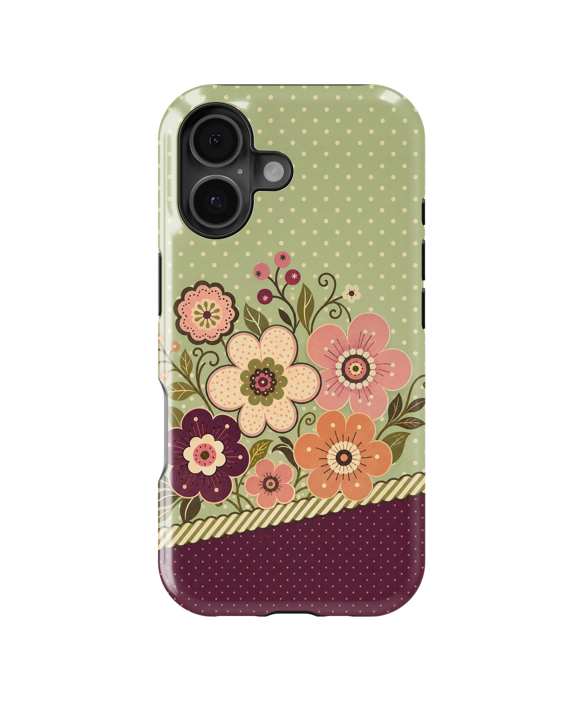 Sage green burgundy Y2K retro floral polka dot MagSafe iPhone tough case for iPhone 17