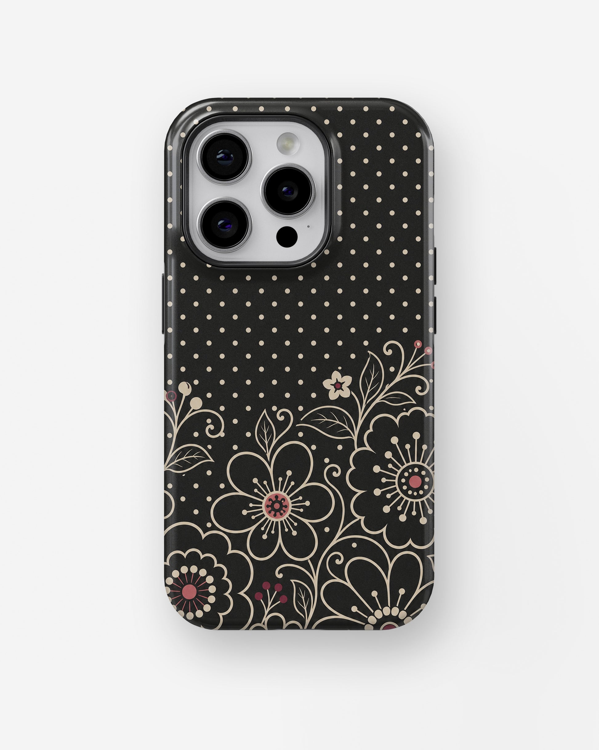 Black cream Y2K floral line art polka dot shockproof case for iPhone Pro models