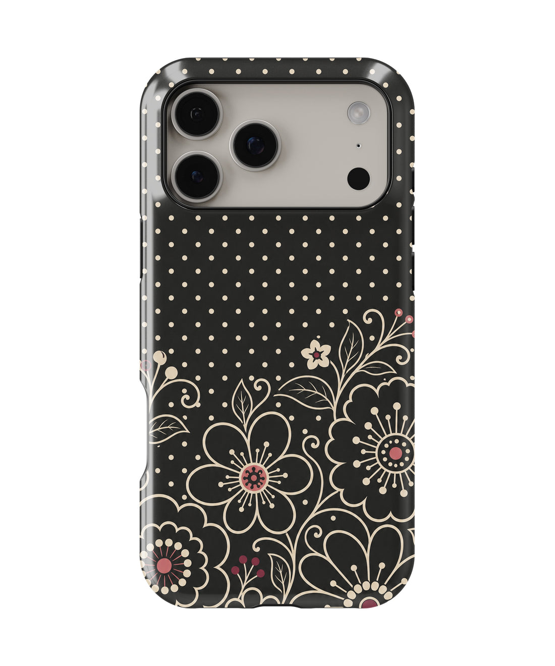 Black cream Y2K floral line art polka dot shockproof MagSafe iPhone case for iPhone 17 Pro Max