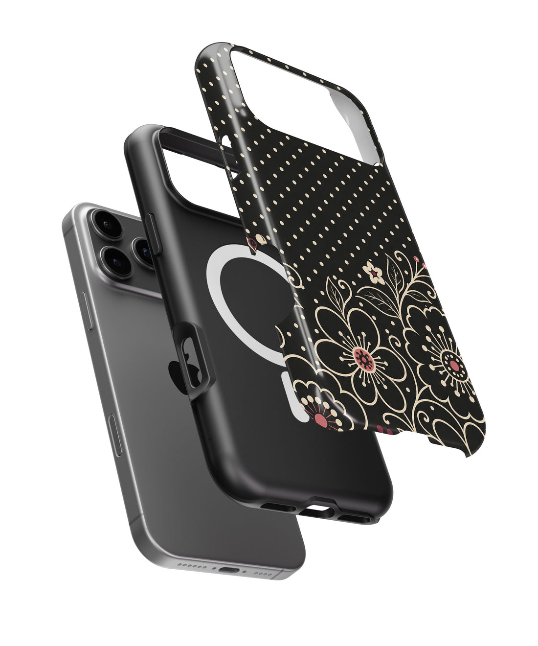 Black cream Y2K floral line art polka dot shockproof MagSafe iPhone case for iPhone 17 Pro Max