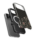 Black cream Y2K floral line art polka dot iPhone case with built-in MagSafe magnetic ring