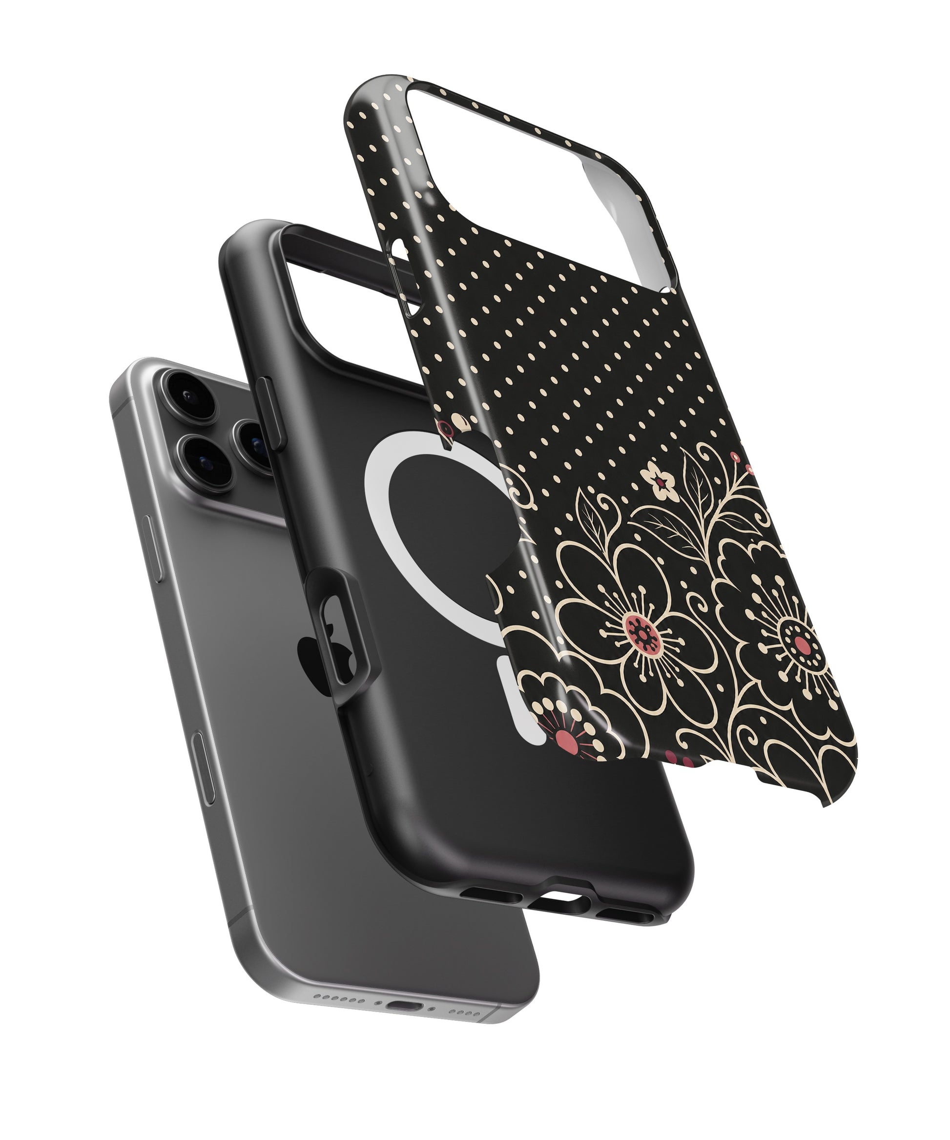 Black cream Y2K floral line art polka dot iPhone case with built-in MagSafe magnetic ring