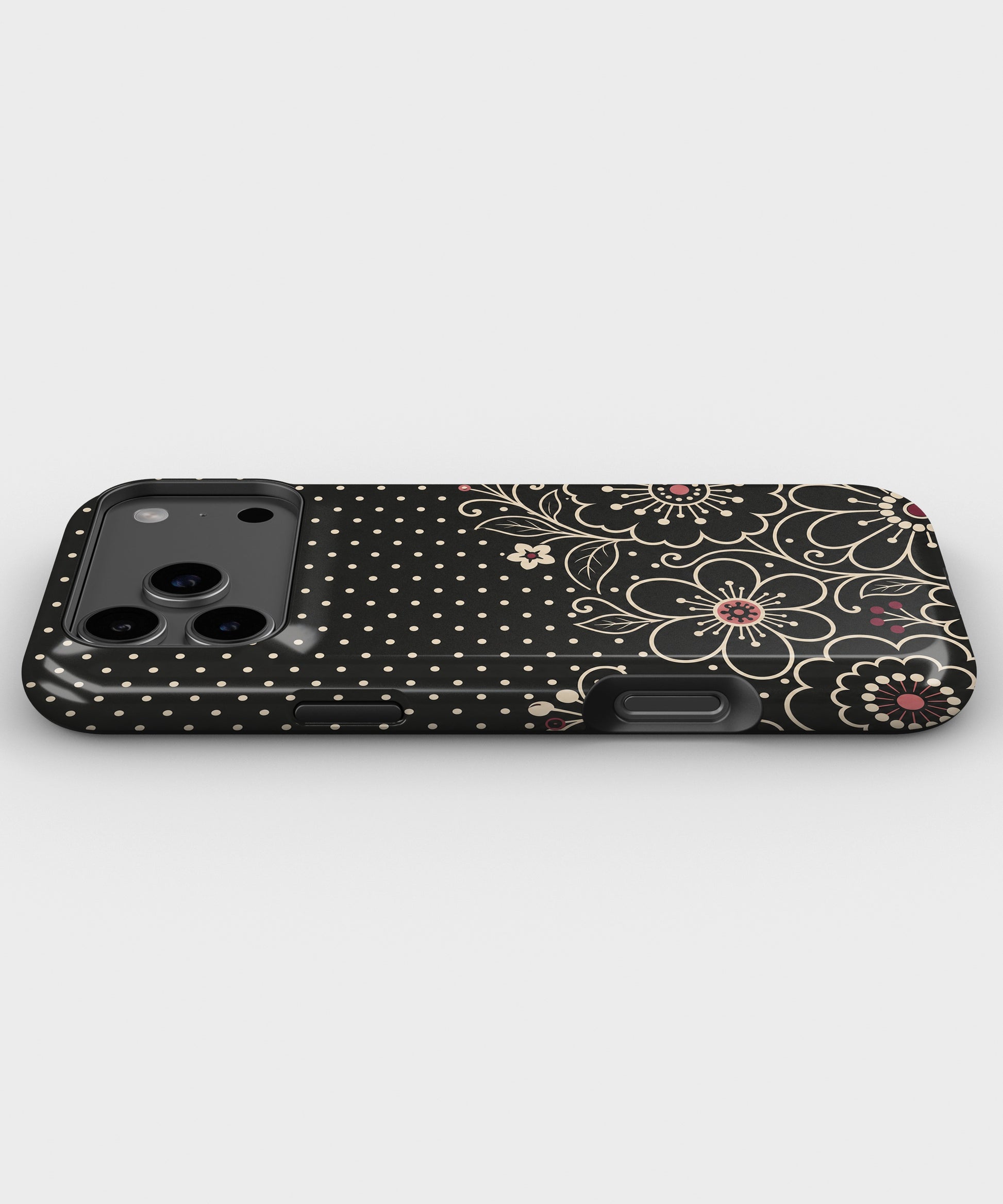 Black cream Y2K floral line art polka dot tough iPhone case with raised camera and edge protection