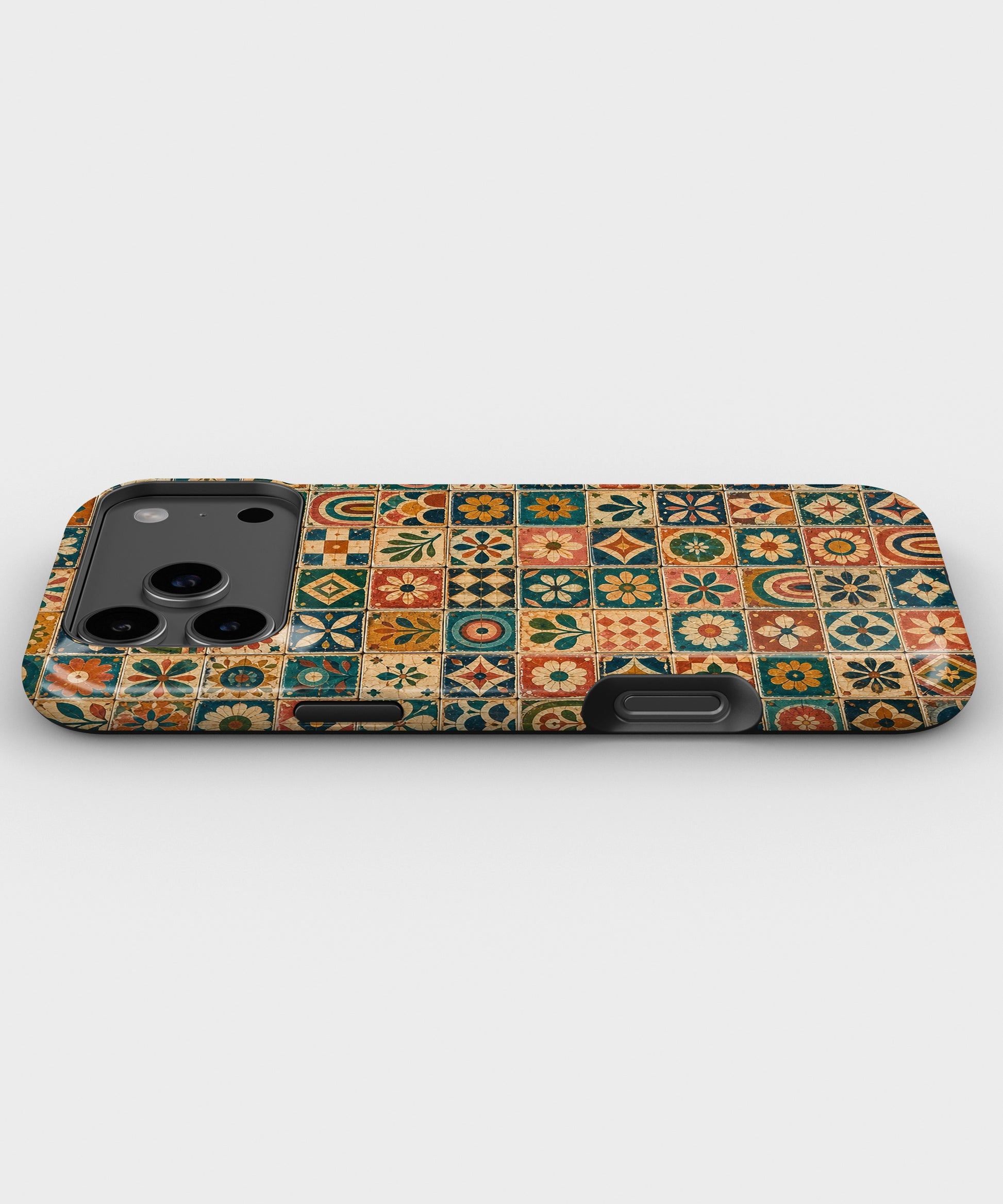 Vintage bohemian floral geometric mosaic tile tough iPhone case with raised camera and edge protection