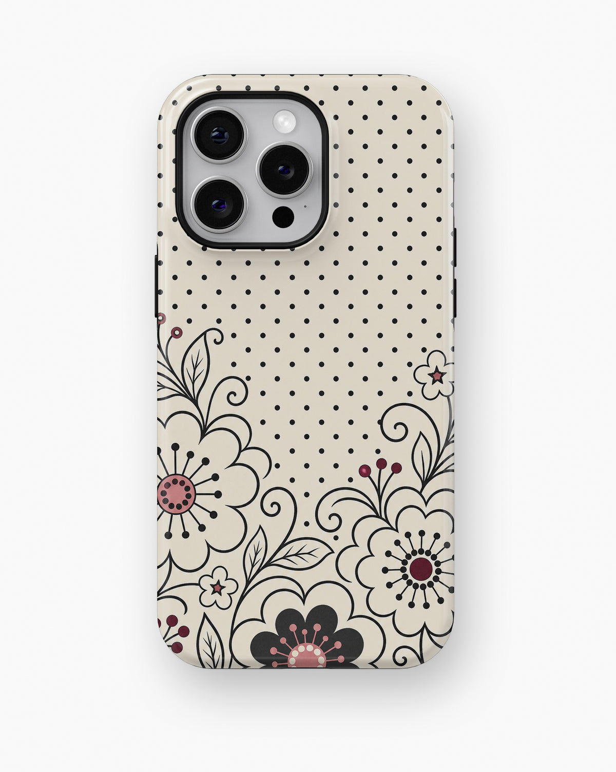 Cream black Y2K floral line art polka dot shockproof case for iPhone Pro Max models
