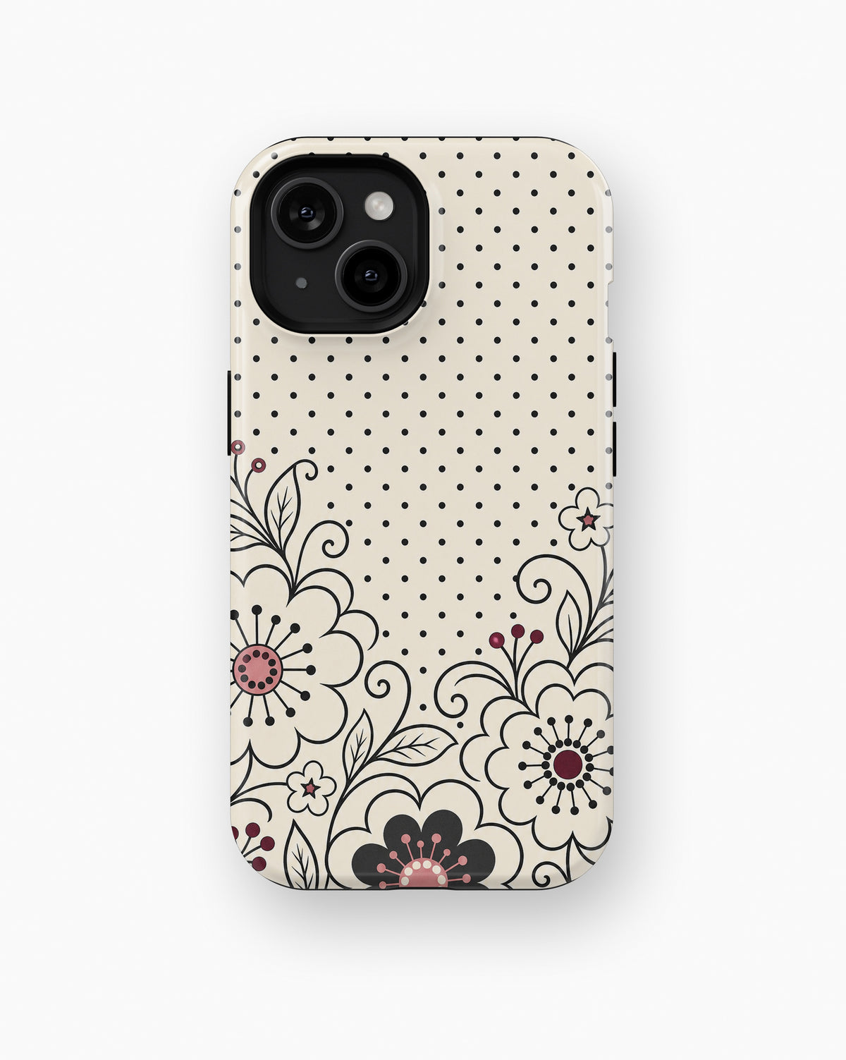Cream black Y2K floral line art polka dot shockproof case for standard iPhone models