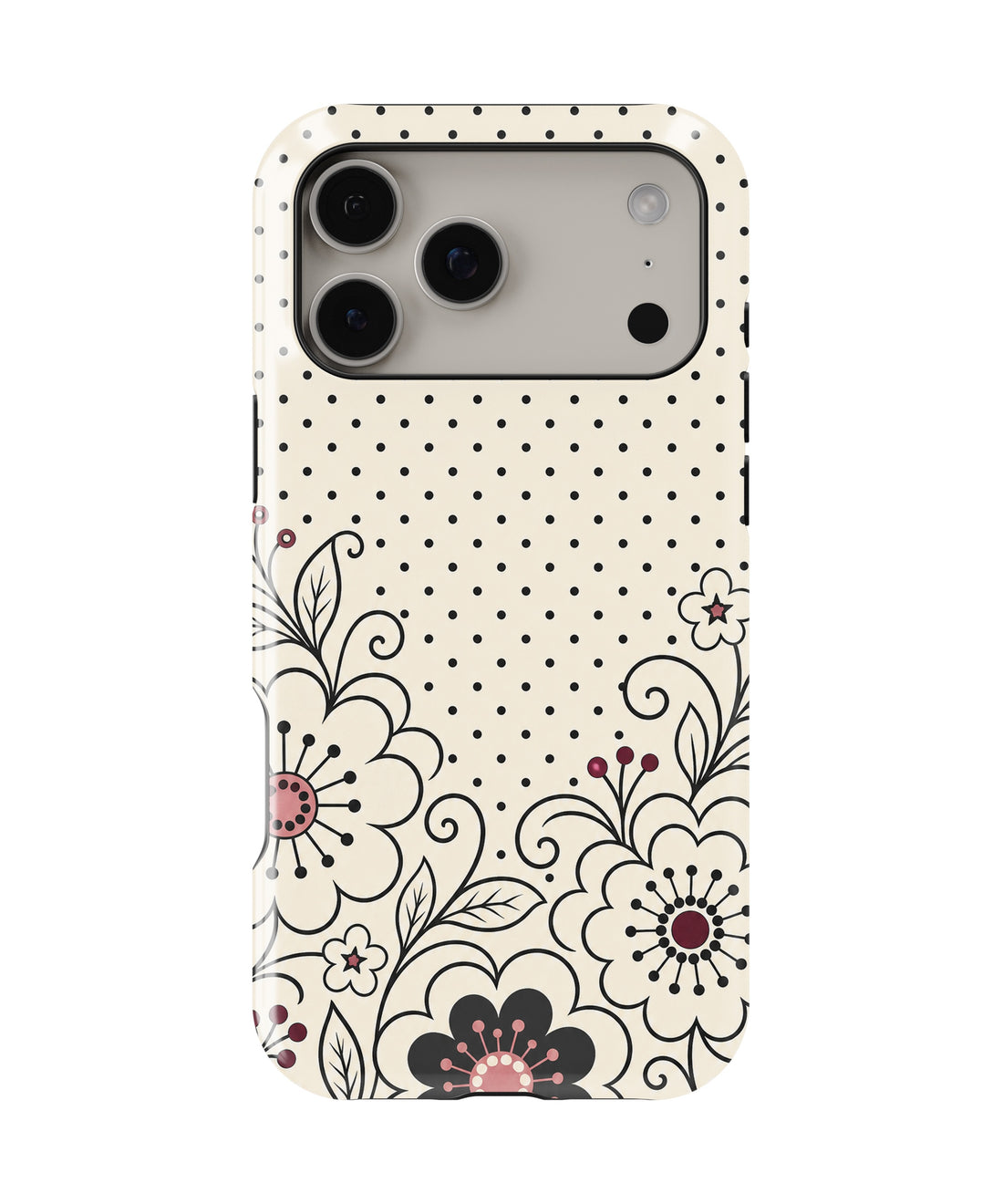 Cream black Y2K floral line art polka dot shockproof MagSafe iPhone case for iPhone 17 Pro Max