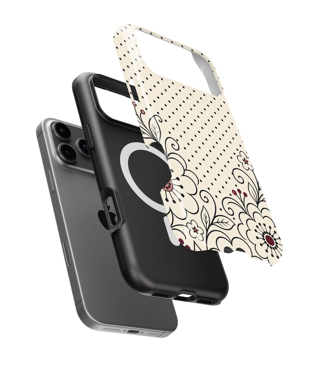 Cream black Y2K floral line art polka dot shockproof MagSafe iPhone case for iPhone 17 Pro Max