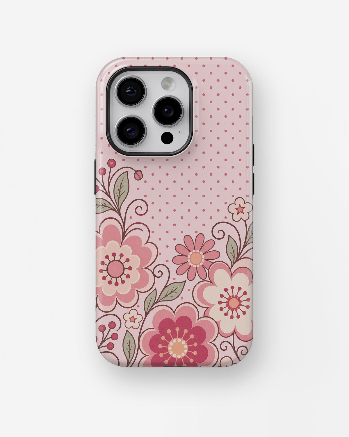 Blush pink Y2K retro floral polka dot shockproof case for iPhone Pro models