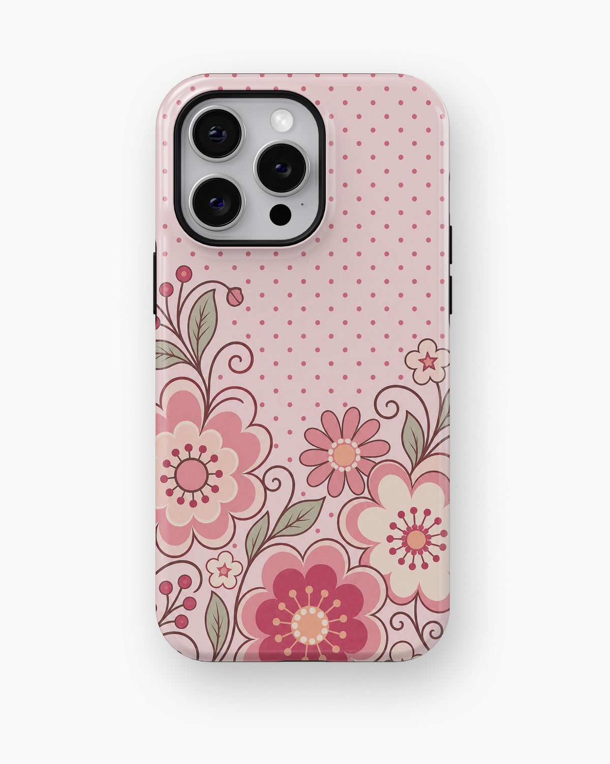Blush pink Y2K retro floral polka dot shockproof case for iPhone Pro Max models